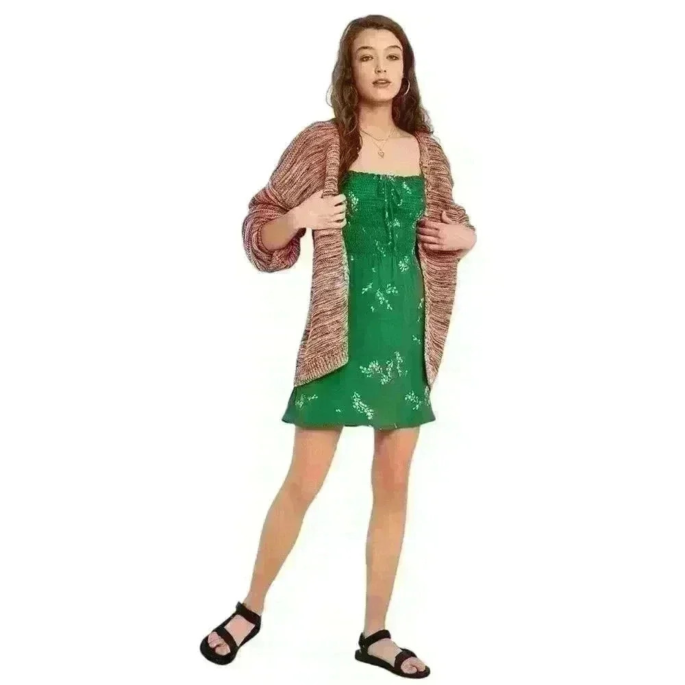 Faithfull the Brand Genevieve Mini Dress Green Floral Print Size 8 Smocked Airy